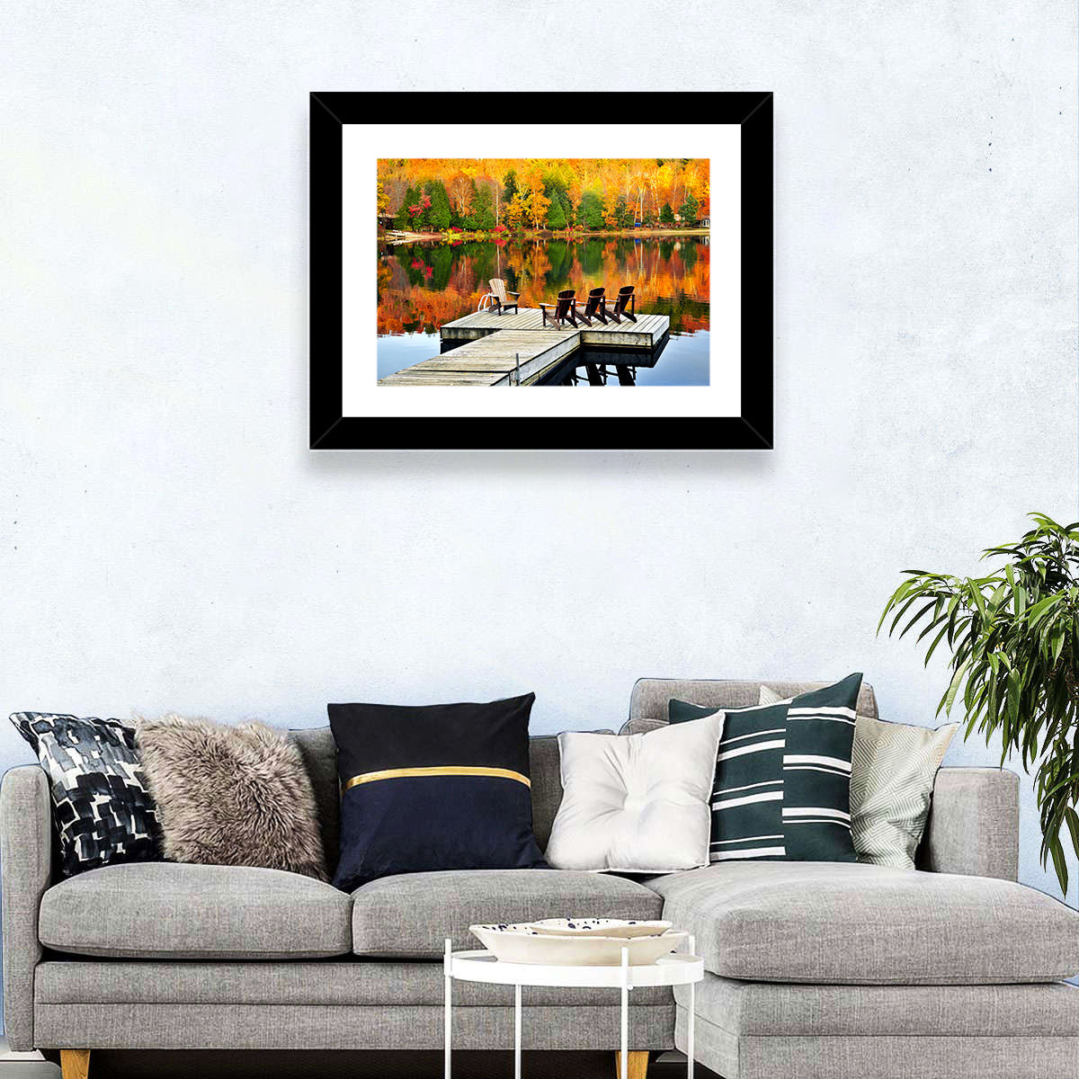 Autumn Lake Dock with Adirondack Chairs Wall Art in a room, landscape