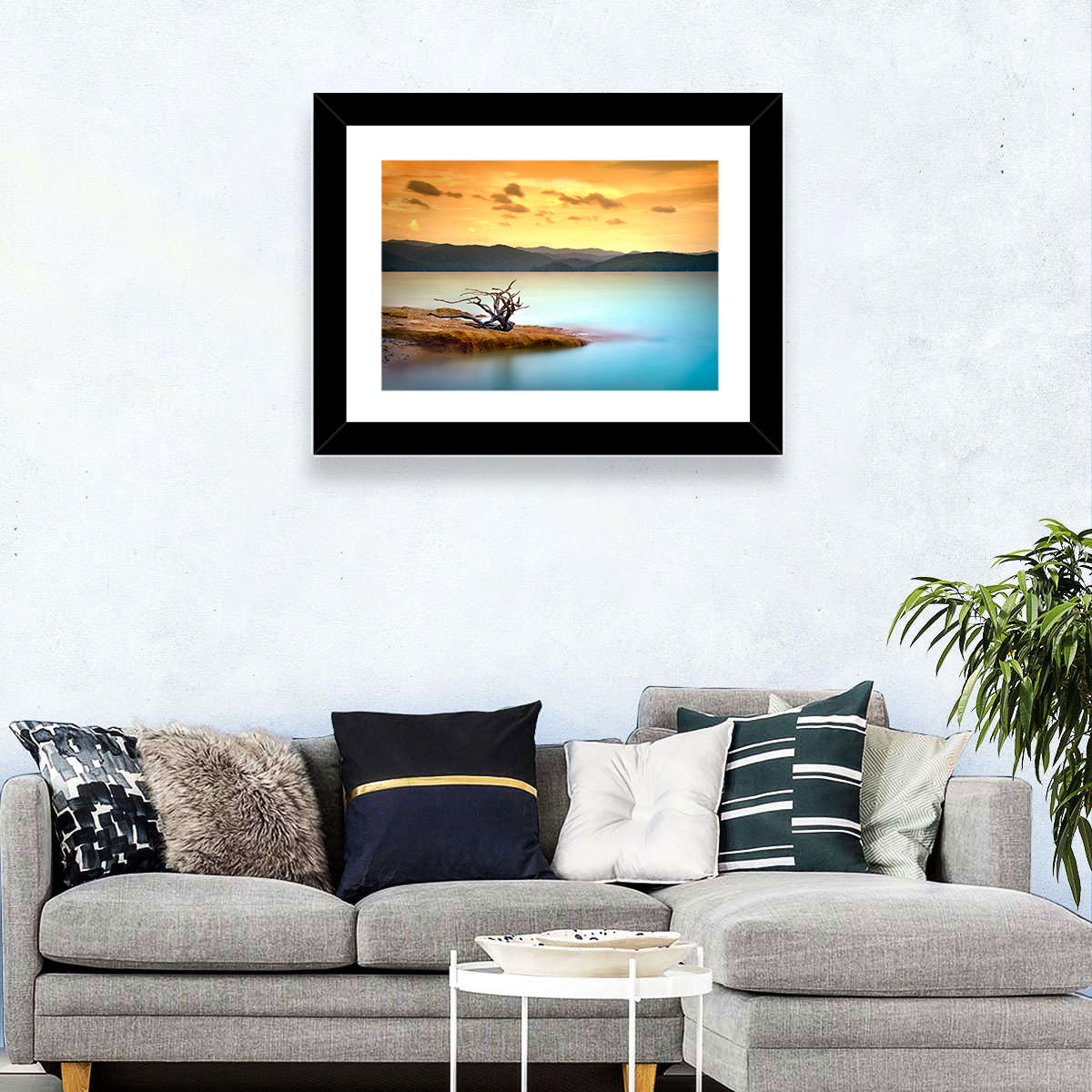 Gnarled Driftwood at Turquoise Lake Wall Art in a room, landscape