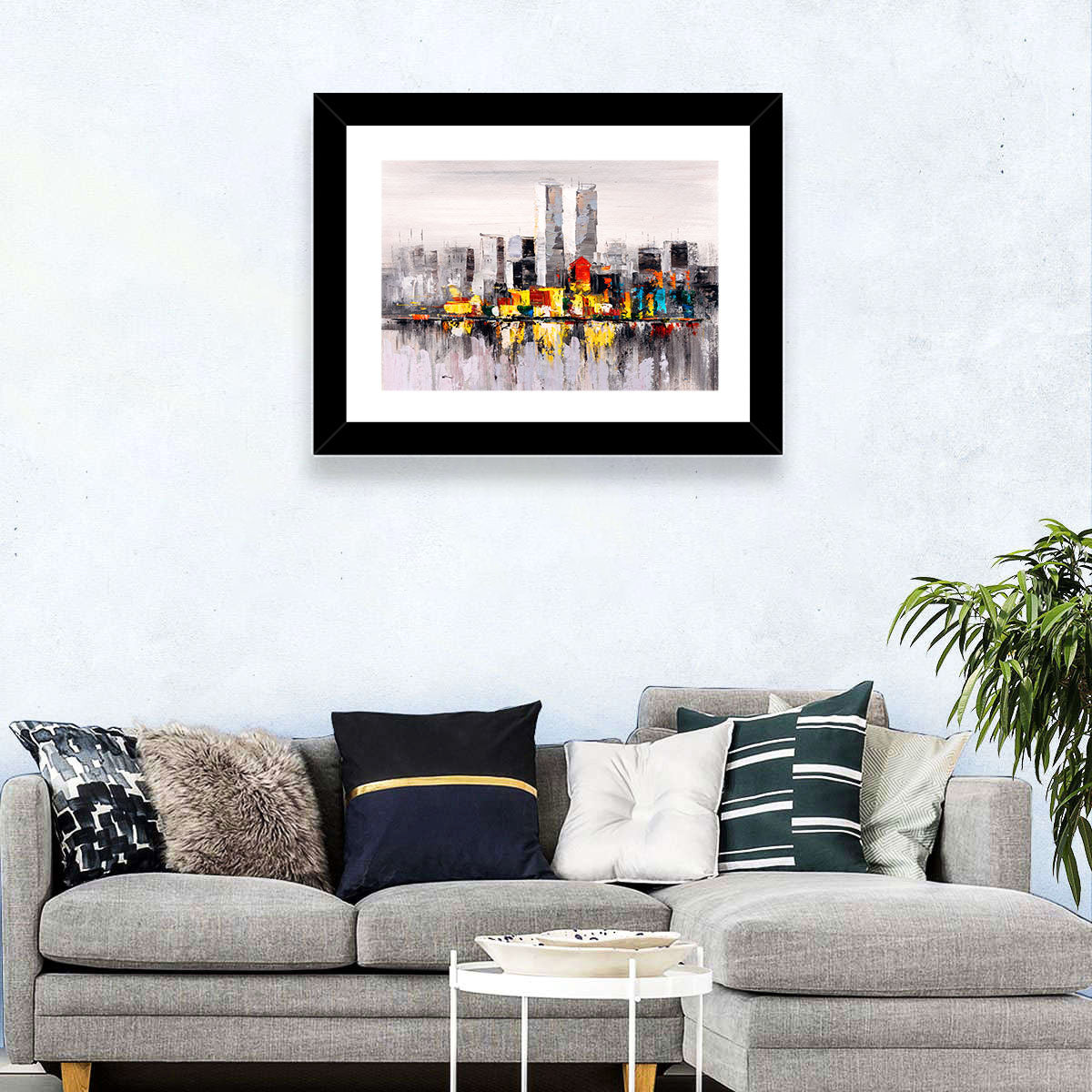 Abstract Skyline with Water Reflection Wall Art in a room, landscape