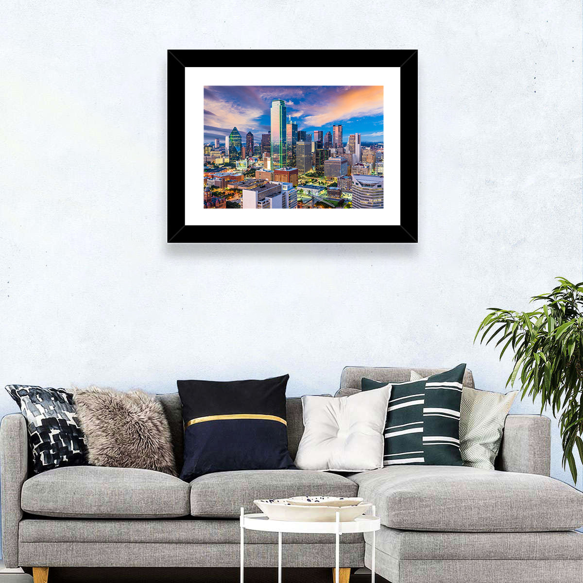 Dallas Twilight Skyline Wall Art in a room, landscape
