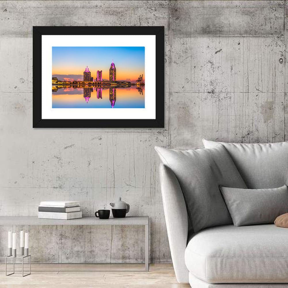 Mobile Alabama Sunset Skyline Wall Art in a room, landscape
