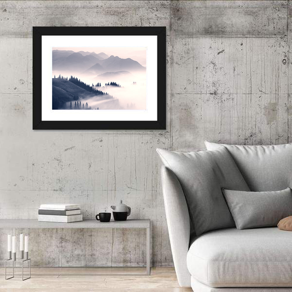 Carpathian Morning Mist Wall Art in a room, landscape
