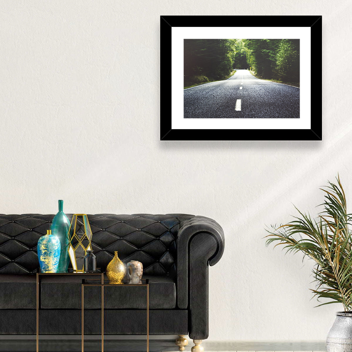 Summer Forest Road with Yellow Sign Wall Art