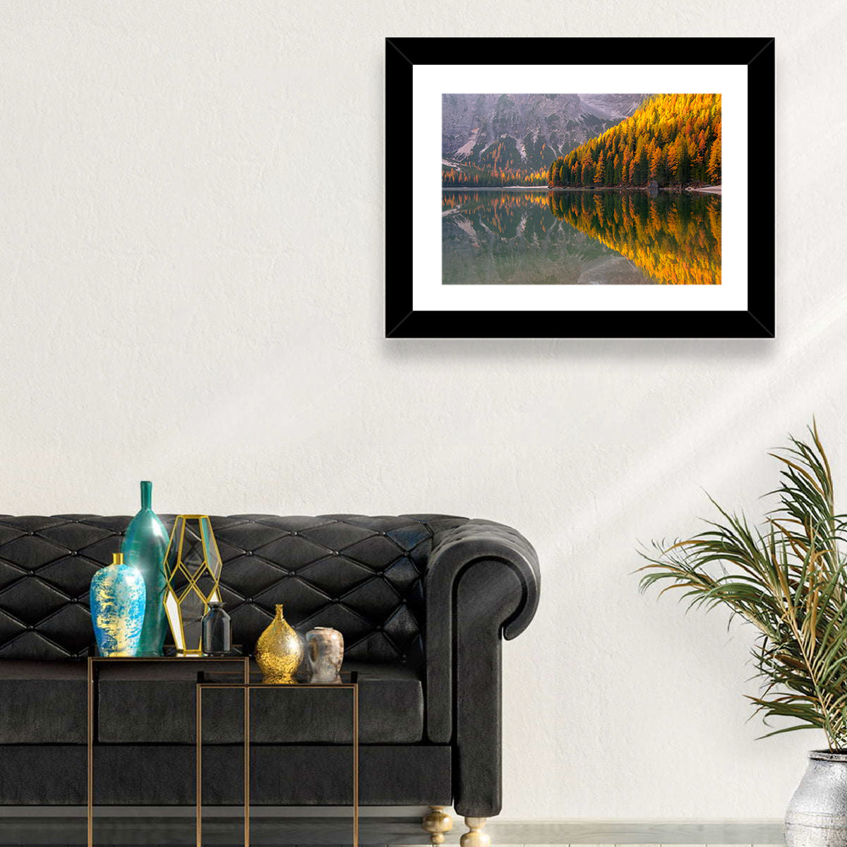 Braies Lake Golden Reflection Wall Art in a room, landscape
