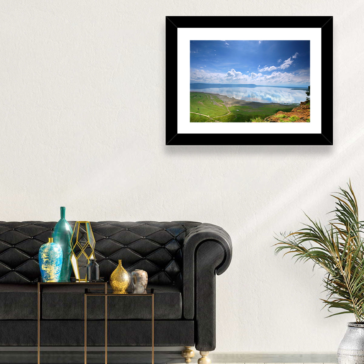 Lake Nakuru Cliffside Reflection Wall Art in a room, landscape