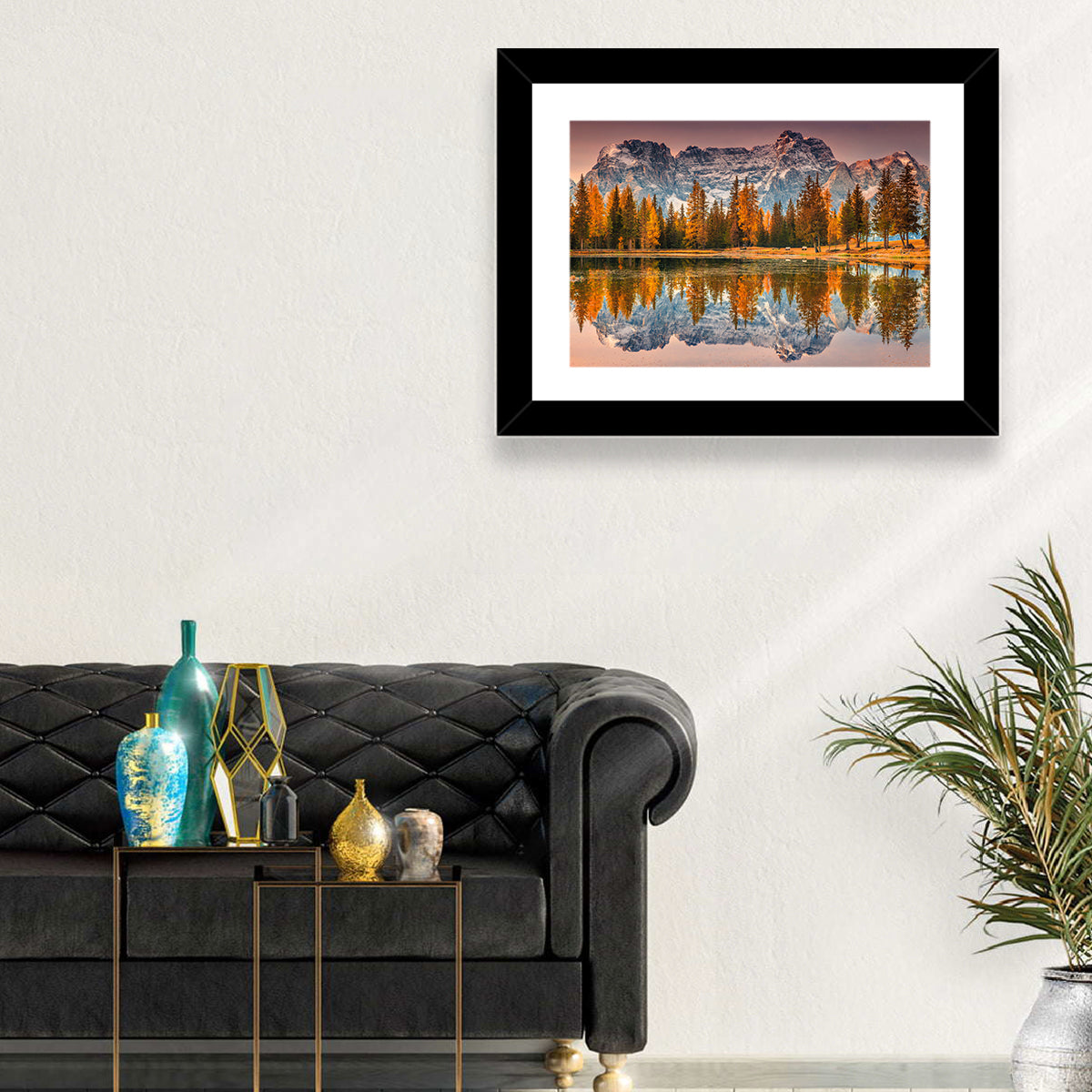 Antorno Lake Autumn Reflection Wall Art in a room, landscape