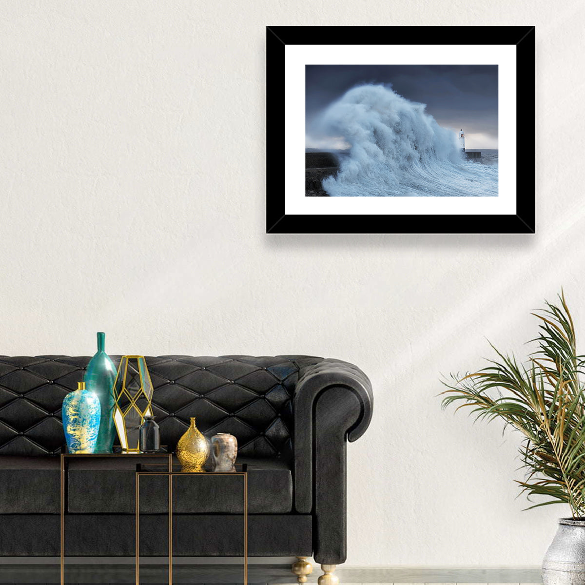 Lighthouse in a Sea Storm Wall Art in a room, landscape