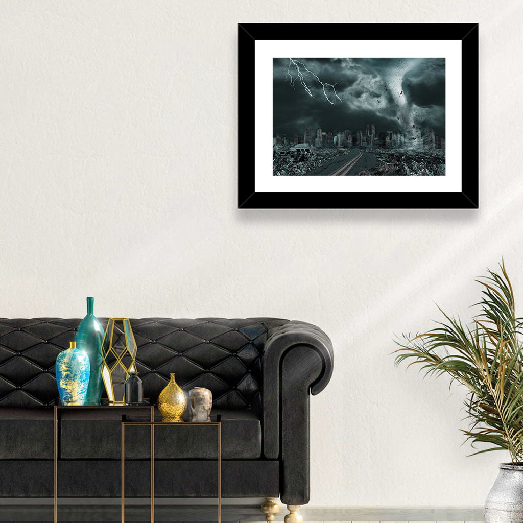 Tornado Over Destroyed City Skyline Wall Art