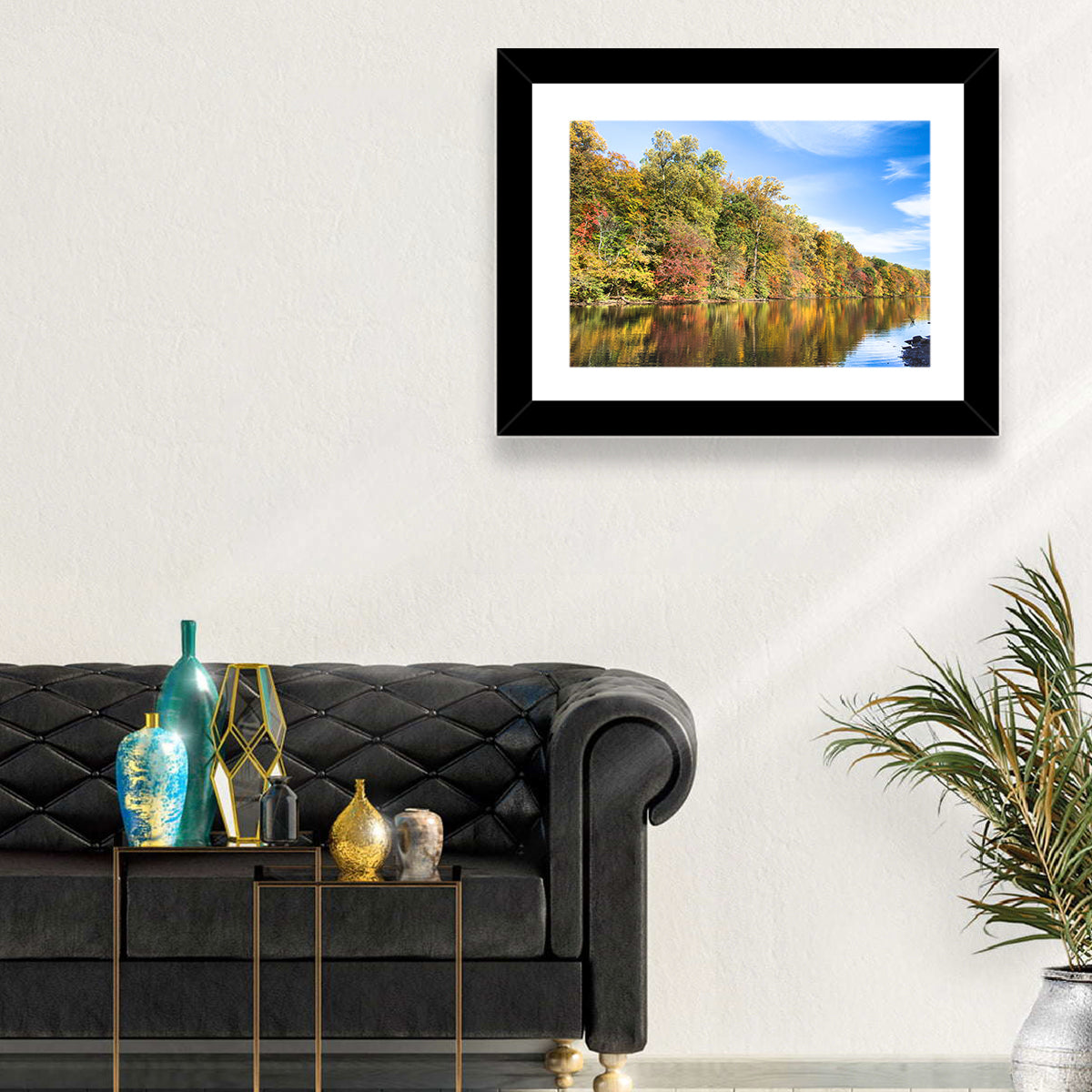 Lake Surprise Autumn Reflection Wall Art in a room, landscape