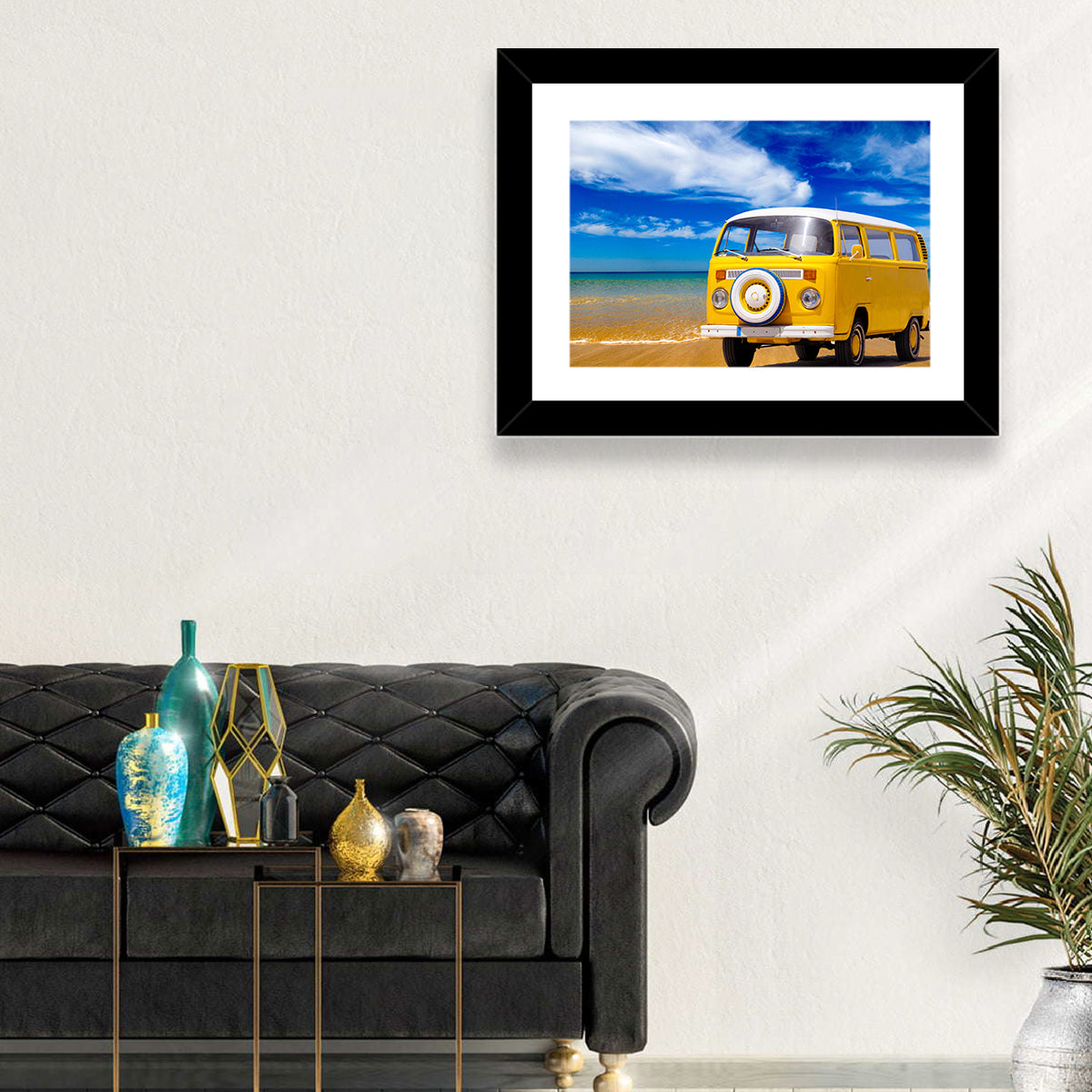 Yellow Vintage Van on Beach Wall Art in a room, landscape
