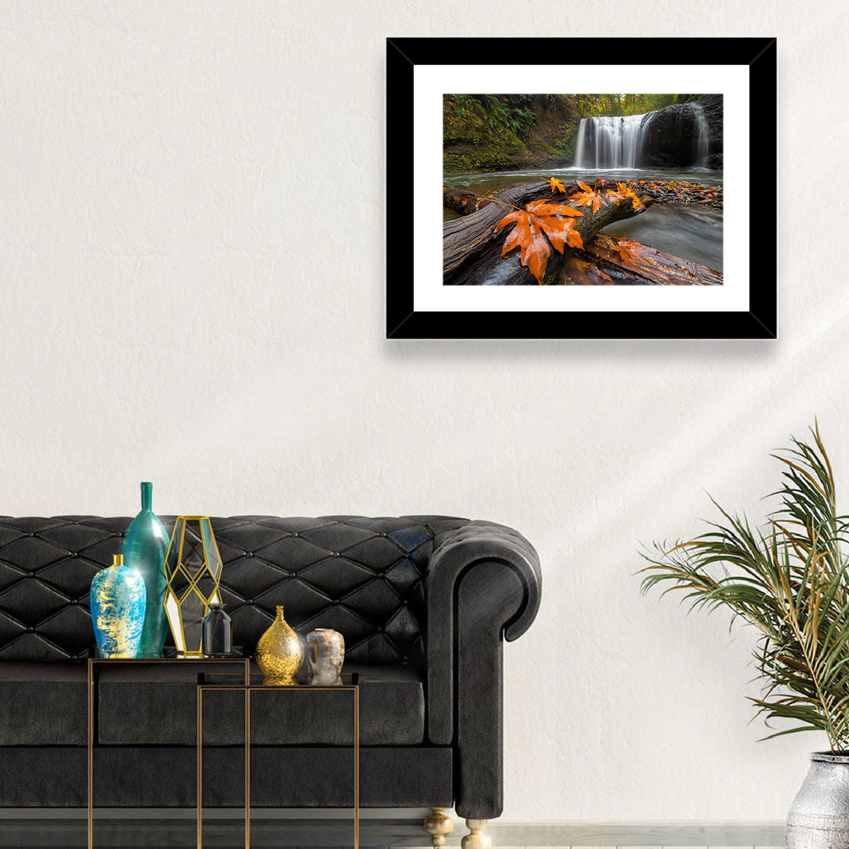 Clackamas Waterfall with Maple Leaf Wall Art in a room, landscape