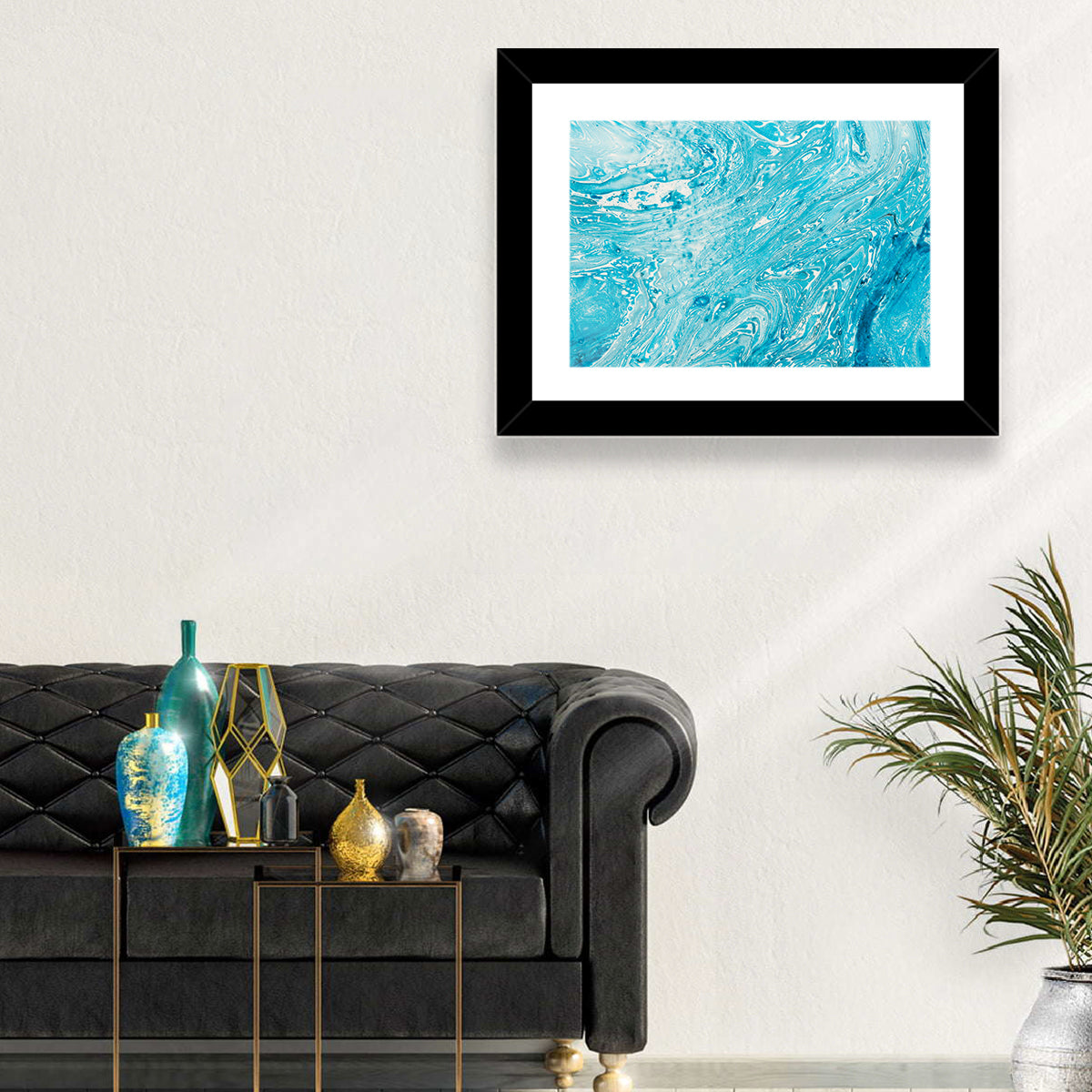 Cerulean Marbled Waves Wall Art in a room, landscape