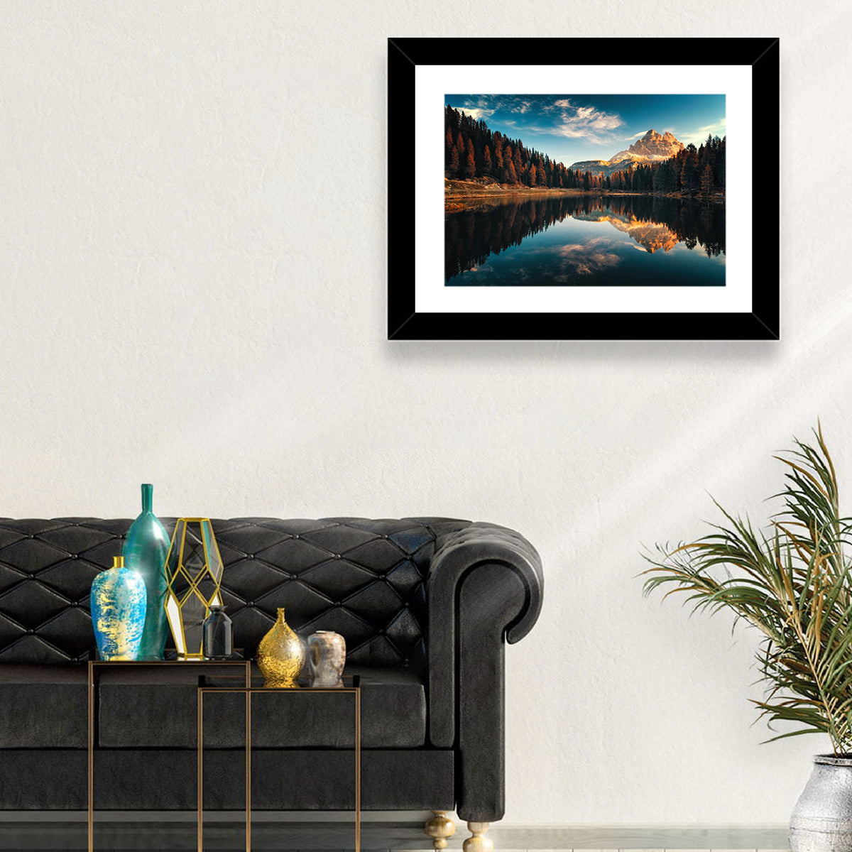 Lago Antorno Golden Hour Reflection Wall Art in a room, landscape