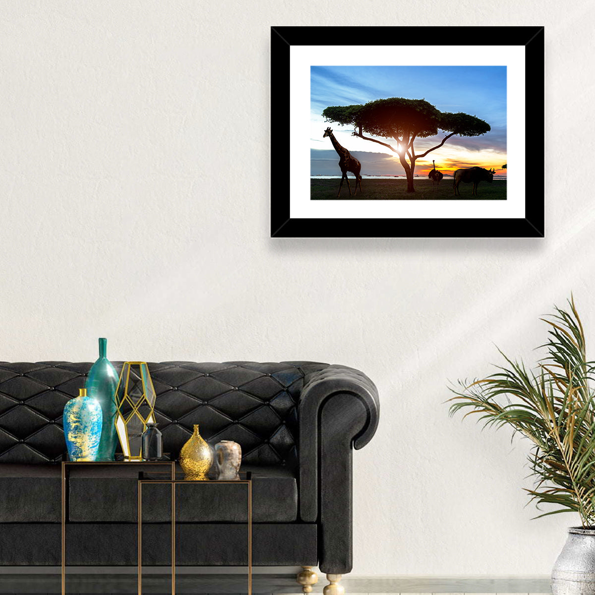 Savanna Silhouettes at Golden Hour Wall Art in a room, landscape