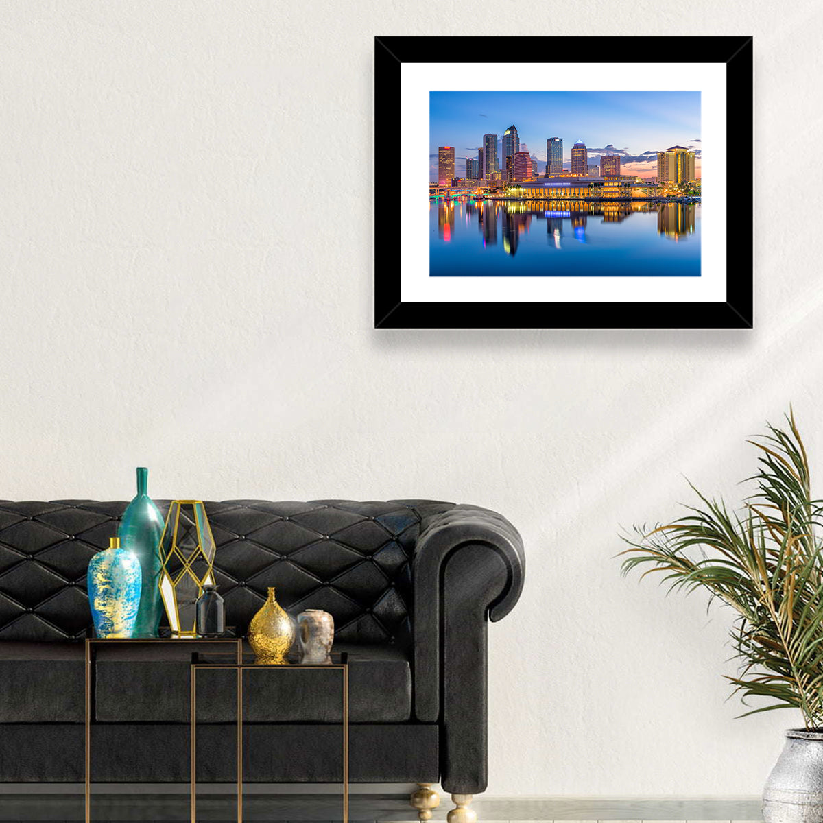 Tampa Twilight Skyline Wall Art in a room, landscape