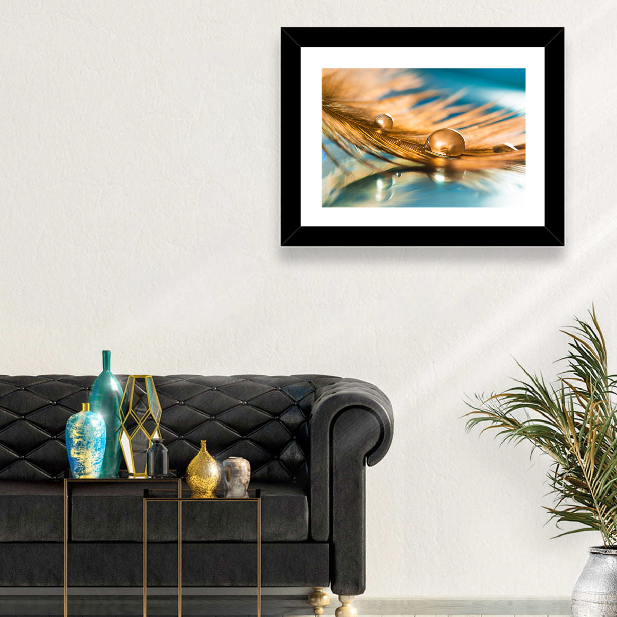Golden Feather with Droplets Wall Art in a room, landscape