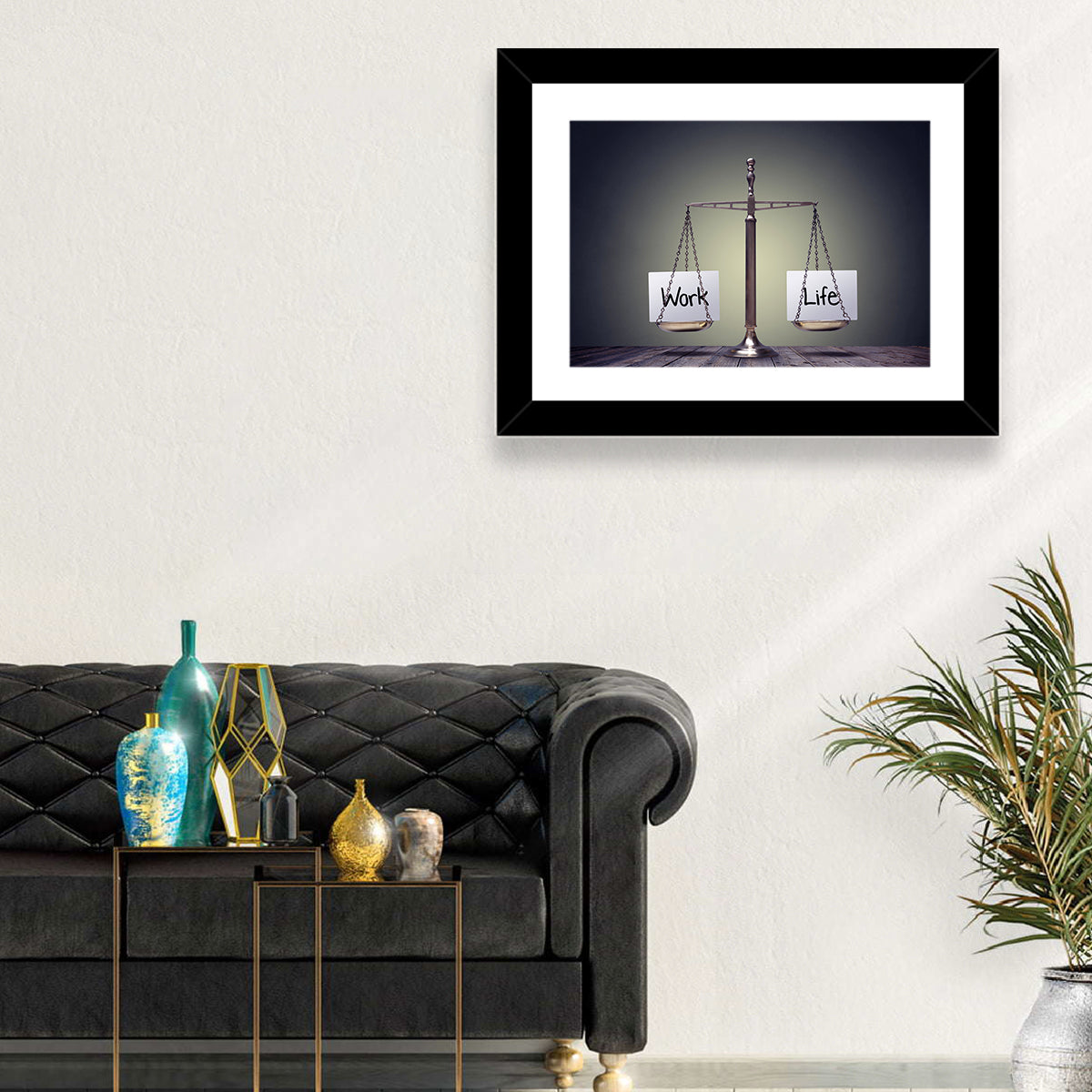 Metallic Scale: Work and Life Wall Art in a room, landscape