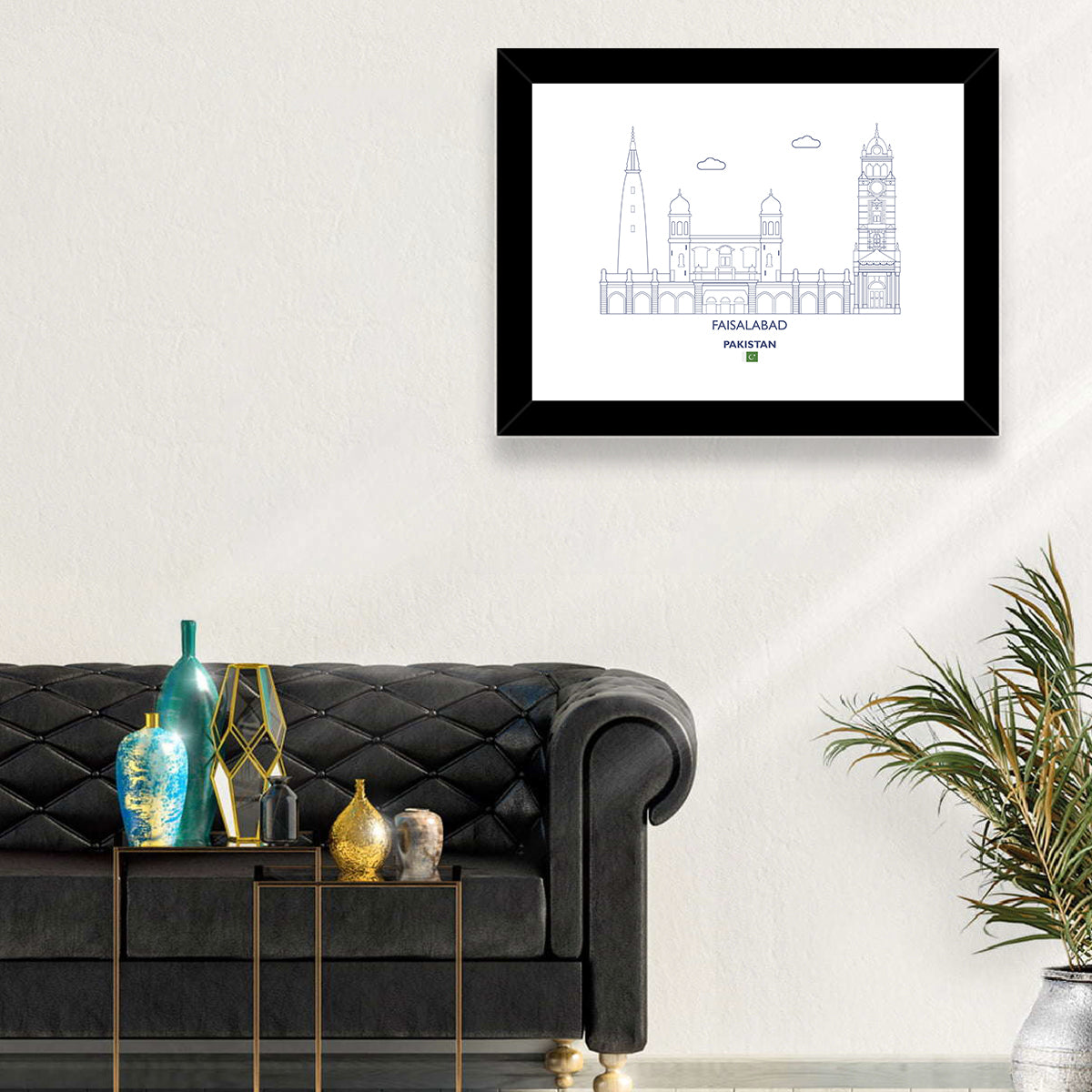 Faisalabad Clock Tower Skyline Wall Art in a room, landscape