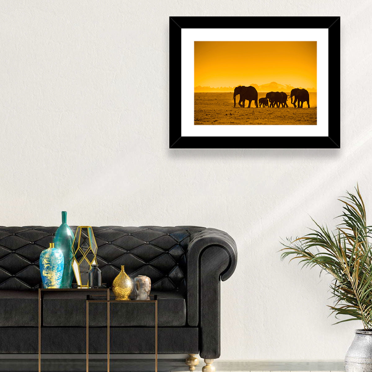 Elephant Family Silhouette Wall Art in a room, landscape