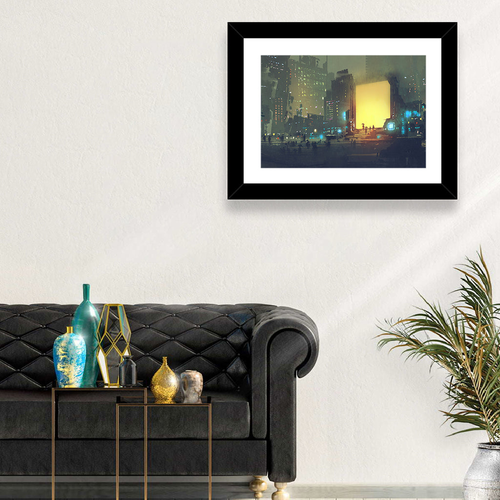 Rainy Night City with Glowing Portal Wall Art