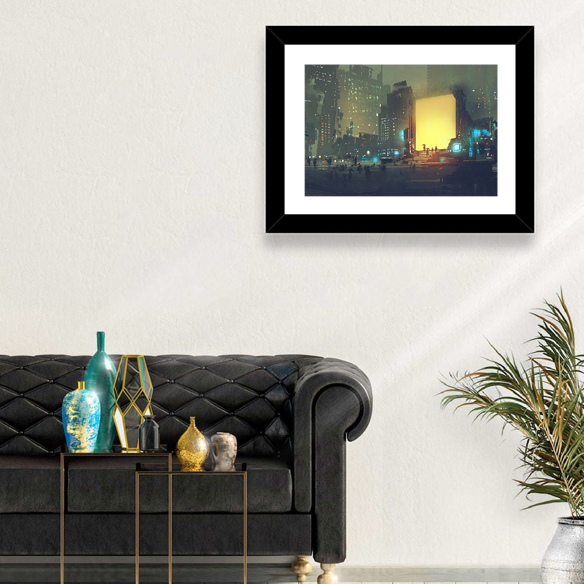 Rainy Night City with Glowing Portal Wall Art in a room, landscape
