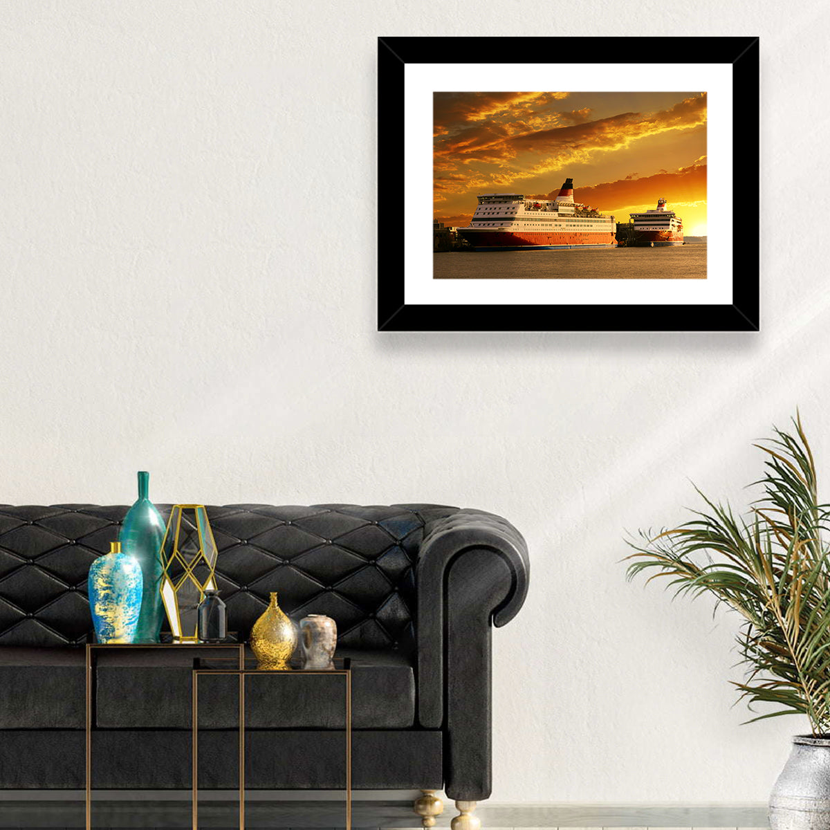Red-hulled Cruise Ships at Dusk Wall Art in a room, landscape