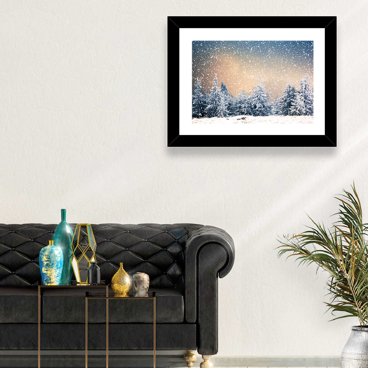 Winter Forest Wonderland Wall Art in a room, landscape