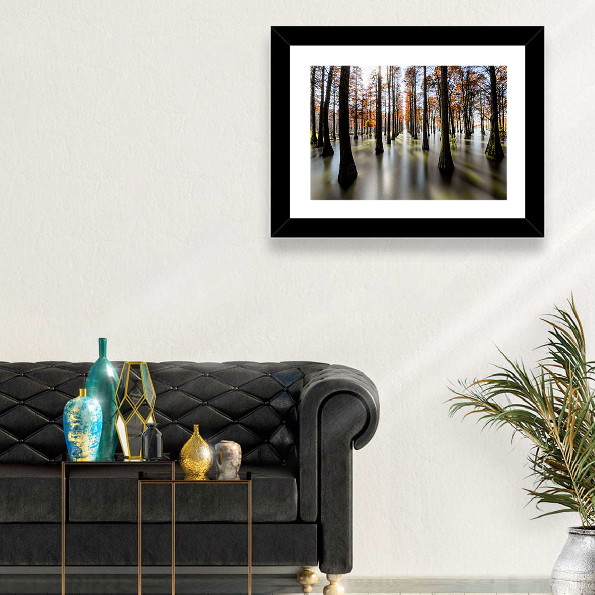 Autumn Flooded Cypress Forest Wall Art in a room, landscape