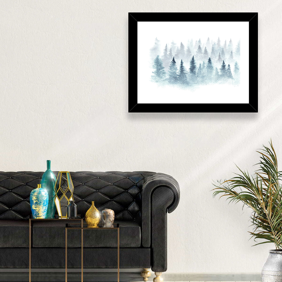 Misty Pine Forest Watercolor Wall Art in a room, landscape