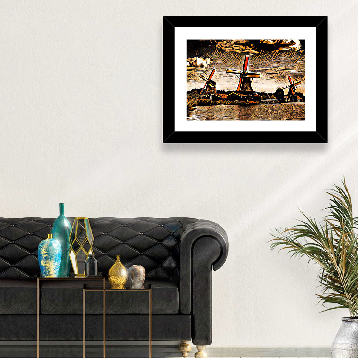 Retro Windmills at Sunset Wall Art in a room, landscape
