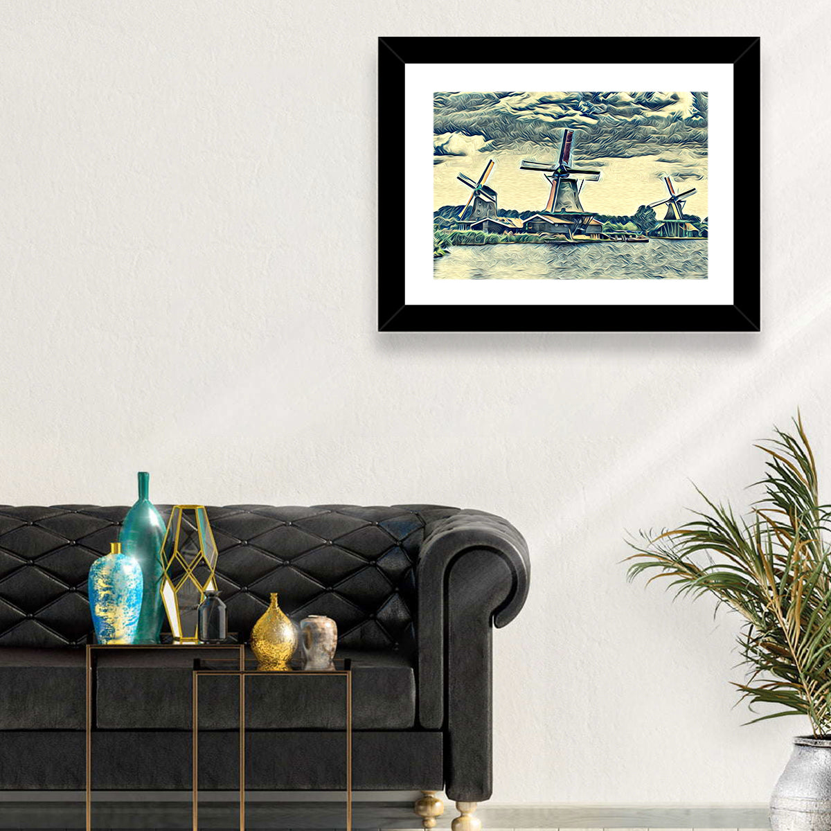 Three Vintage Windmills Wall Art in a room, landscape