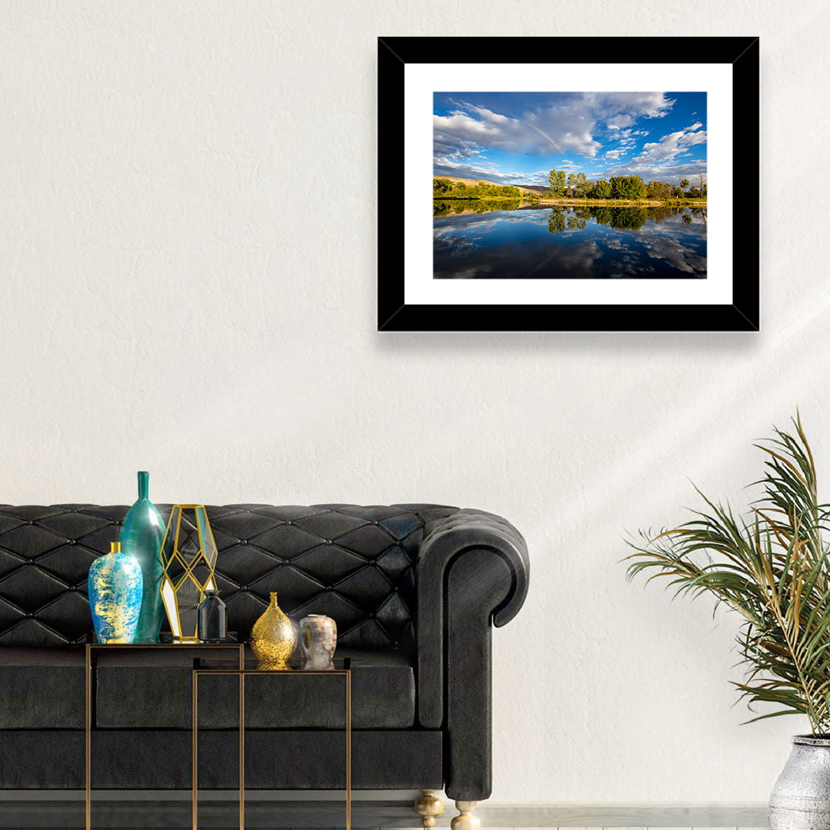 Boise River Rainbow Reflection Wall Art in a room, landscape