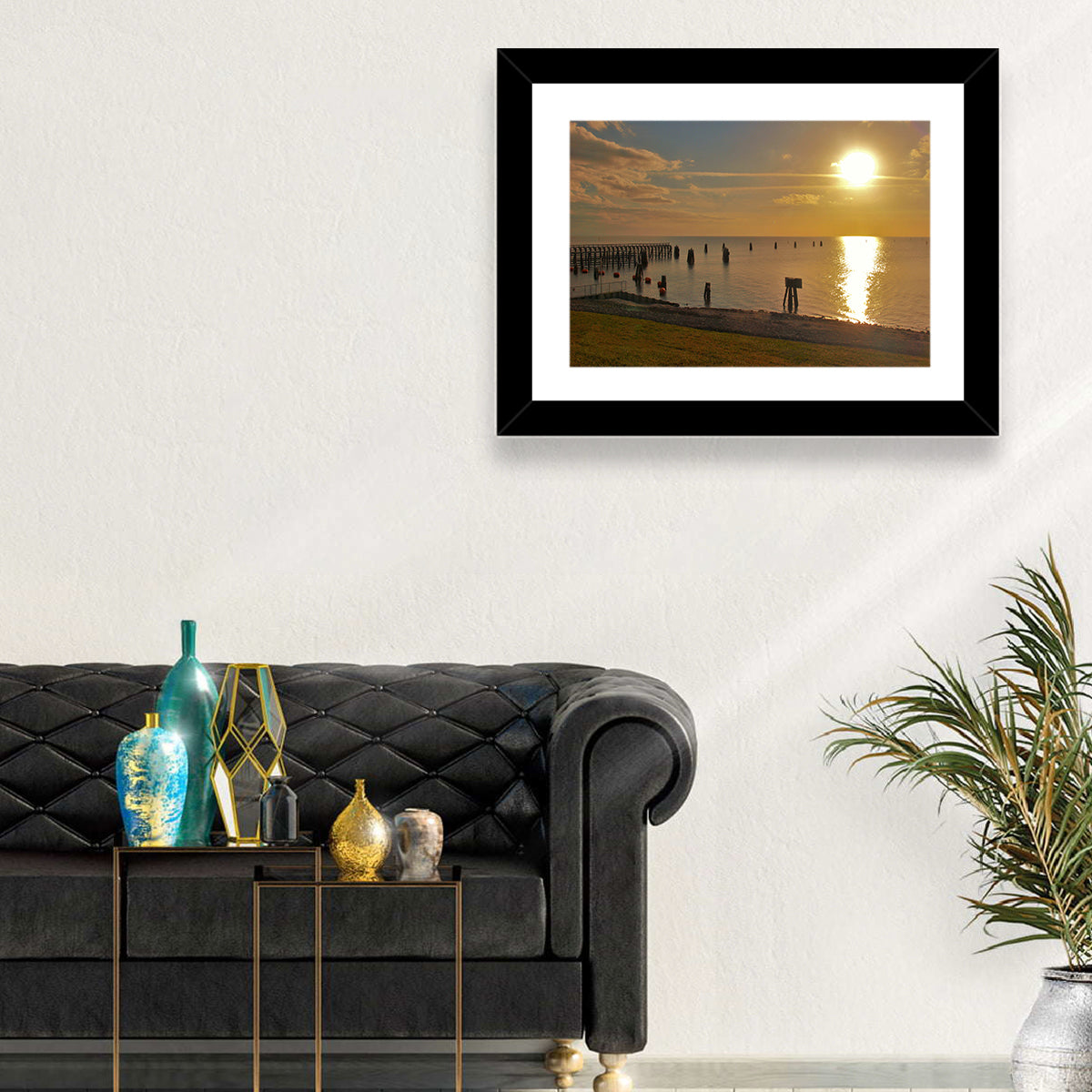 Lake Okeechobee Sunset Pier Wall Art in a room, landscape