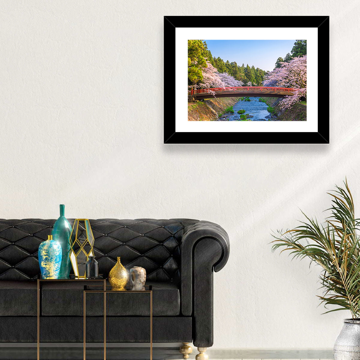 Arched Red Bridge with Cherry Blossoms Wall Art