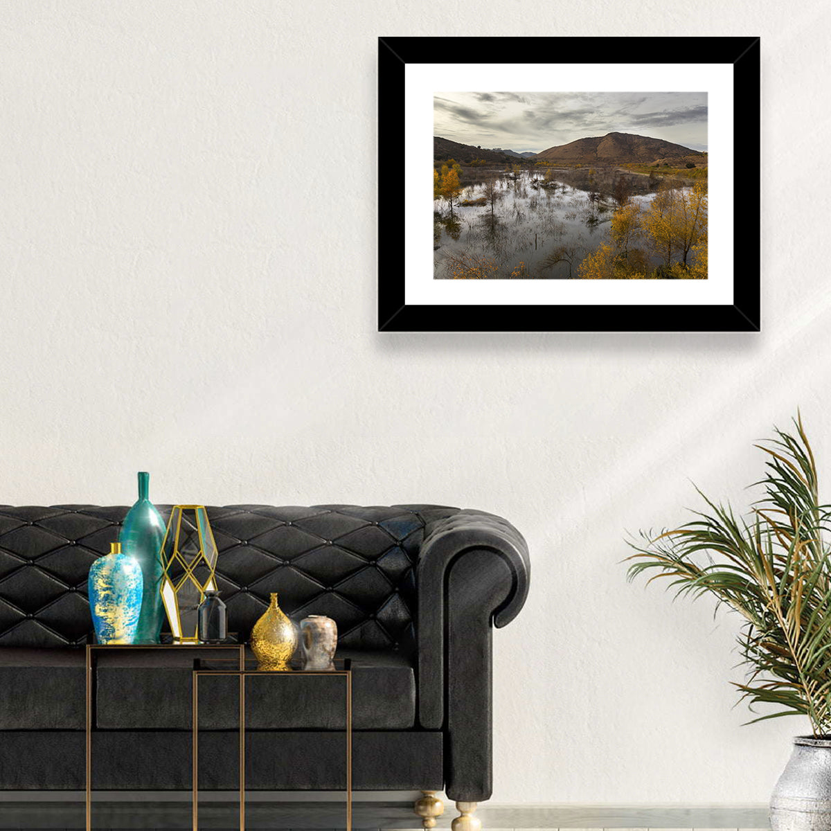 Lake Hodges Autumn Reflection Wall Art in a room, landscape