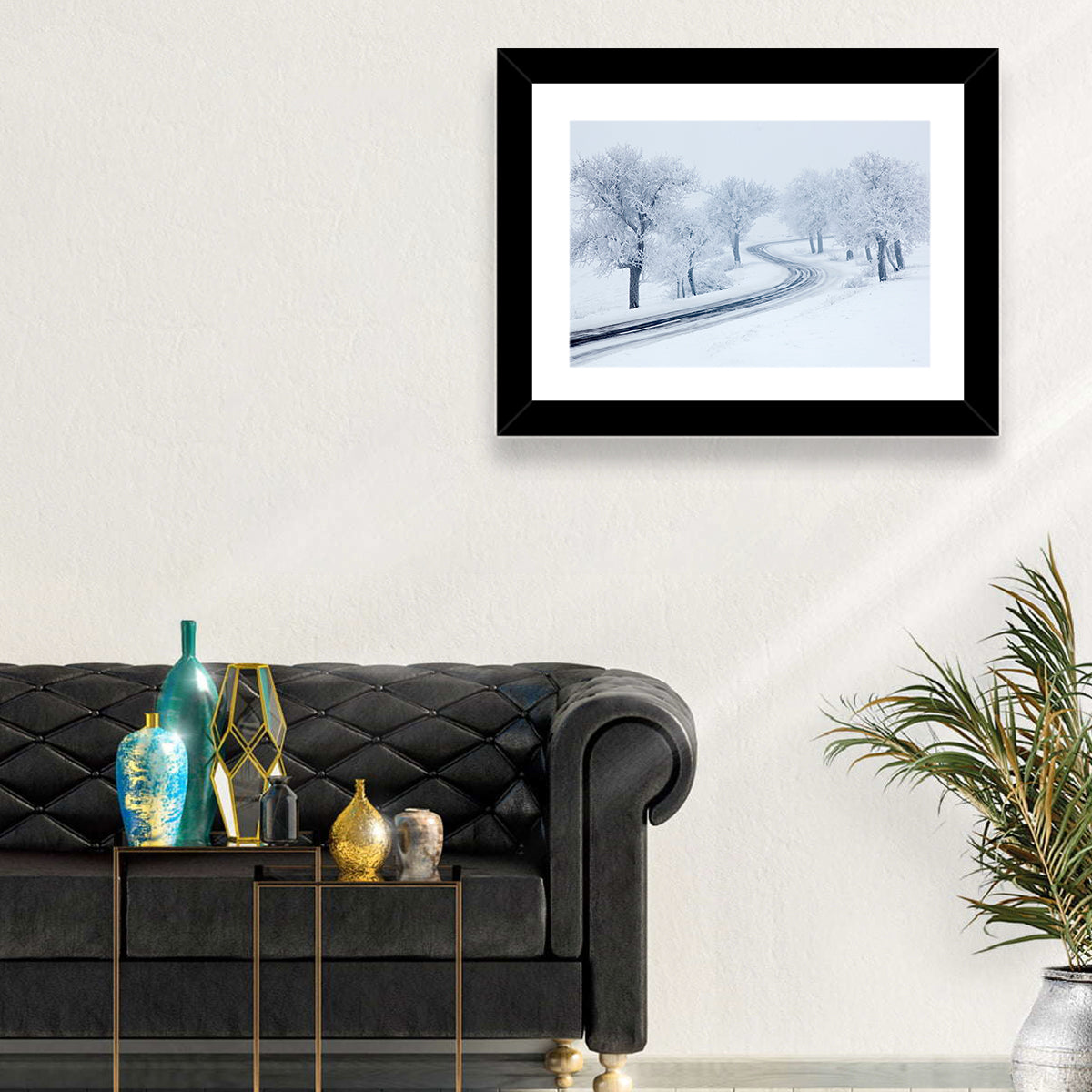 Misty Winter S-curve Road Wall Art in a room, landscape