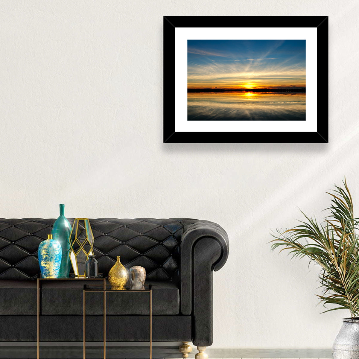 Oklahoma Lake Sunset Reflection Wall Art in a room, landscape