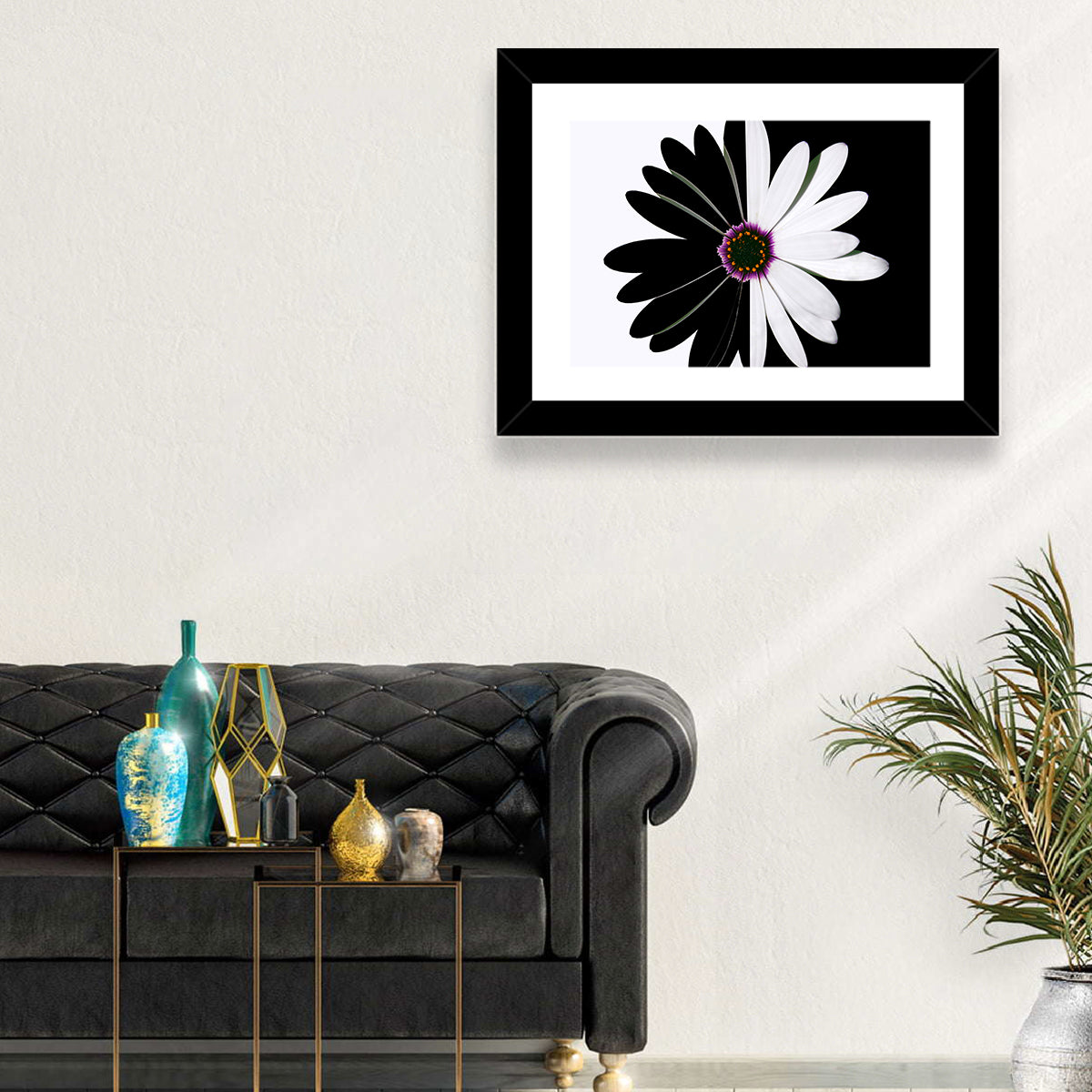 Black and White Daisy with Purple Ring Wall Art in a room, landscape