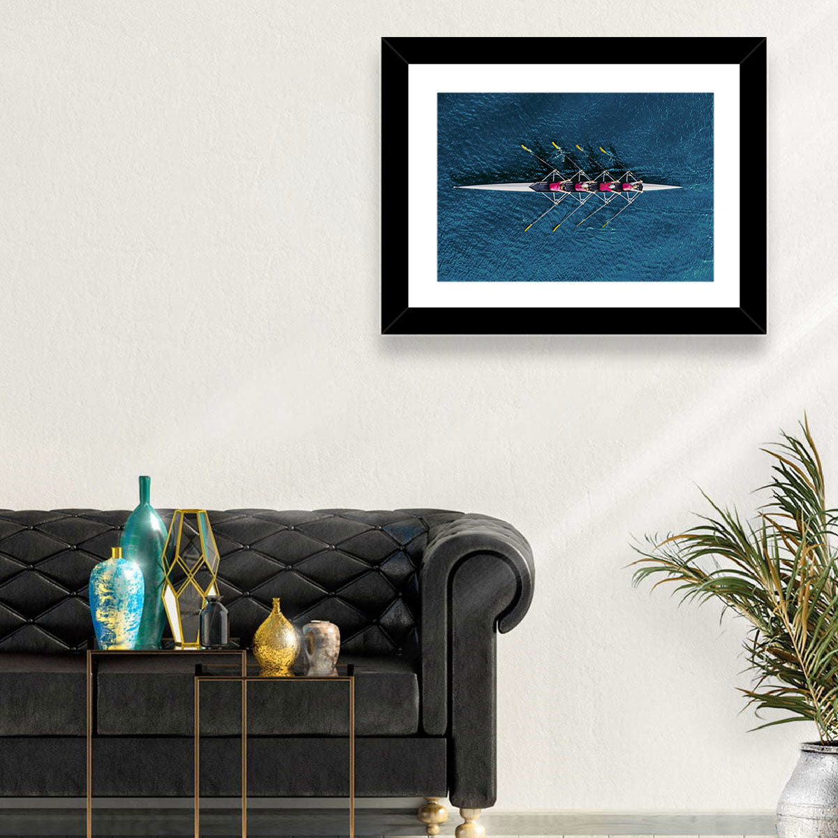 Four Rowers in Pink Shirts Wall Art in a room, landscape