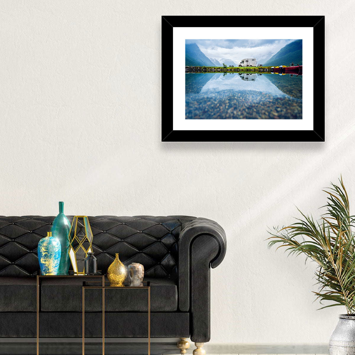 Motorhome by Mountain Lake Wall Art in a room, landscape