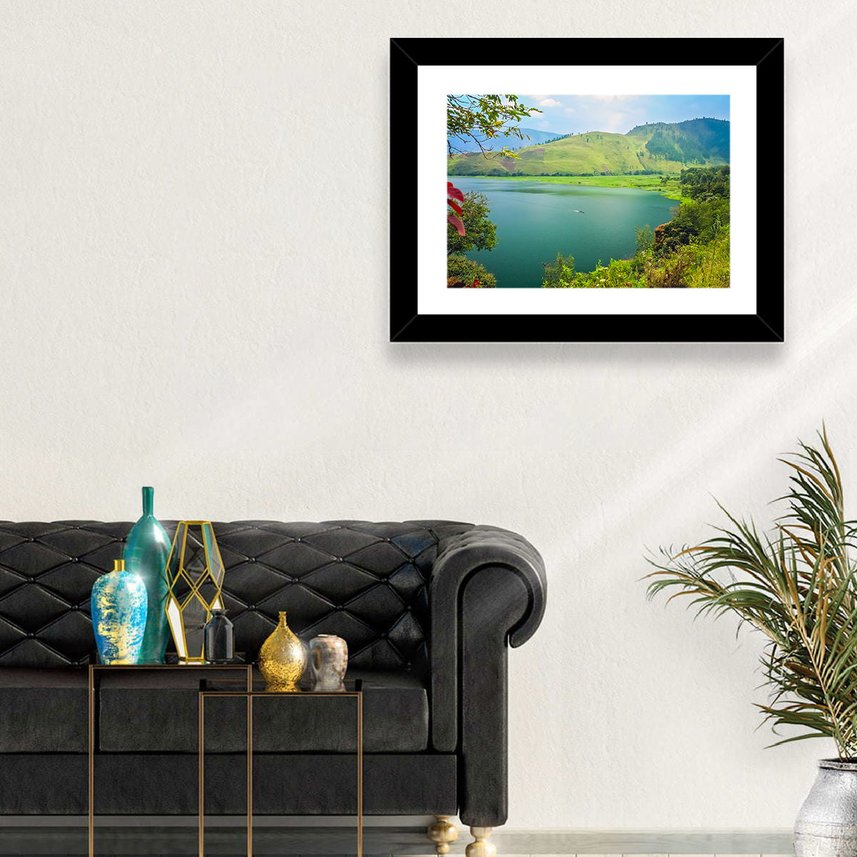 Lake Toba Boat and Hills Wall Art in a room, landscape