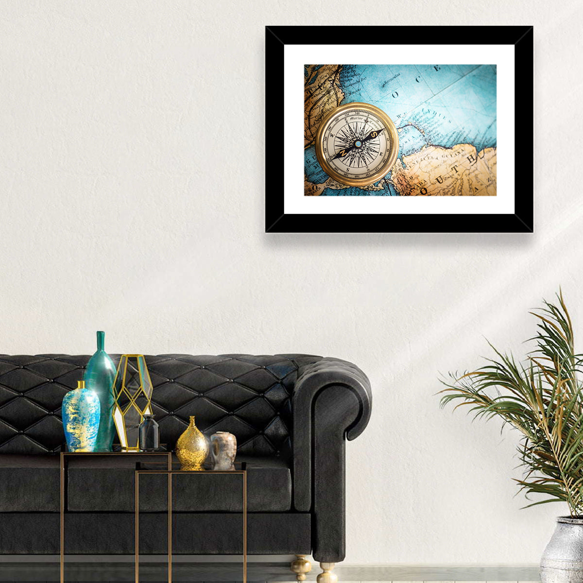 Vintage Compass Over Atlantic Map Wall Art in a room, landscape