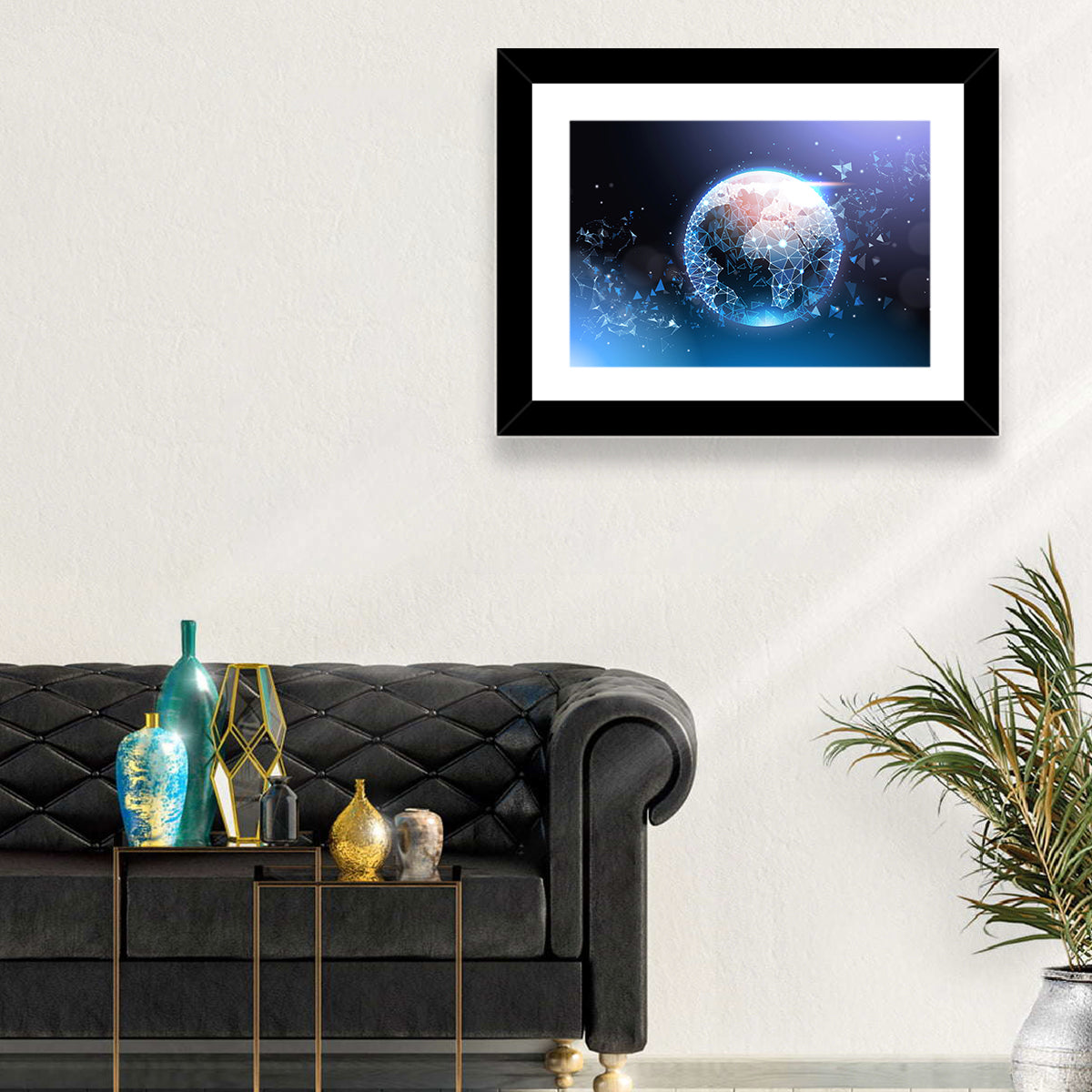 Wireframe Globe Network Wall Art in a room, landscape