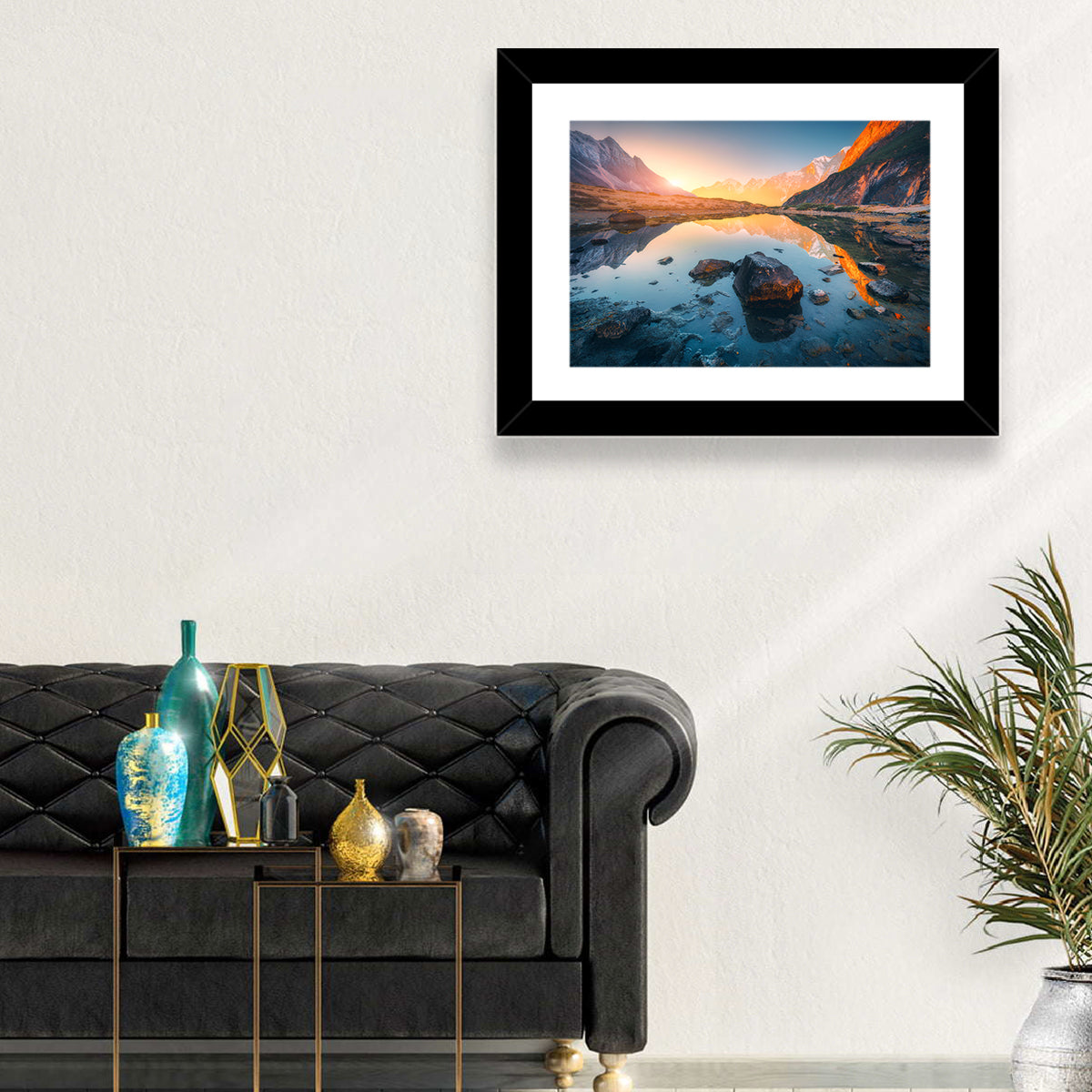 Himalayan Lake Reflections Wall Art in a room, landscape