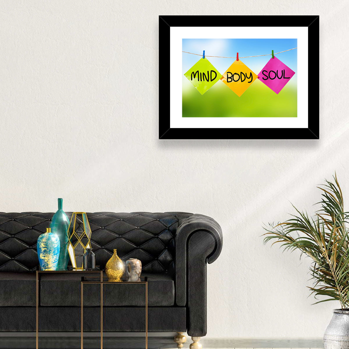 Mind Body Soul Paper Trio Wall Art in a room, landscape