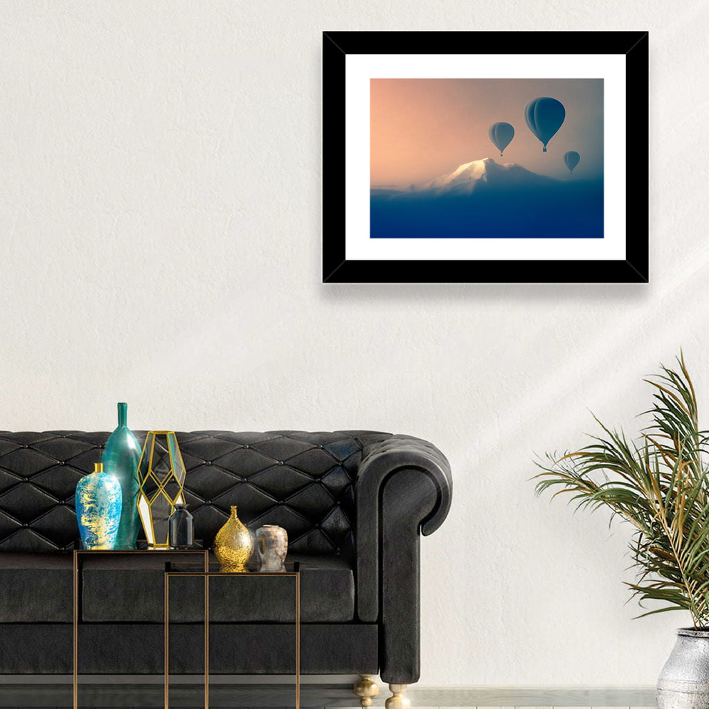 Three Hot Air Balloons Over Misty Peak Wall Art