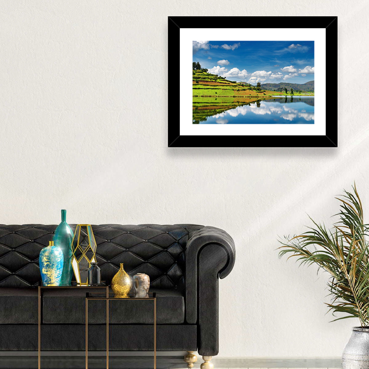 Bunyonyi Lake Reflection Wall Art in a room, landscape