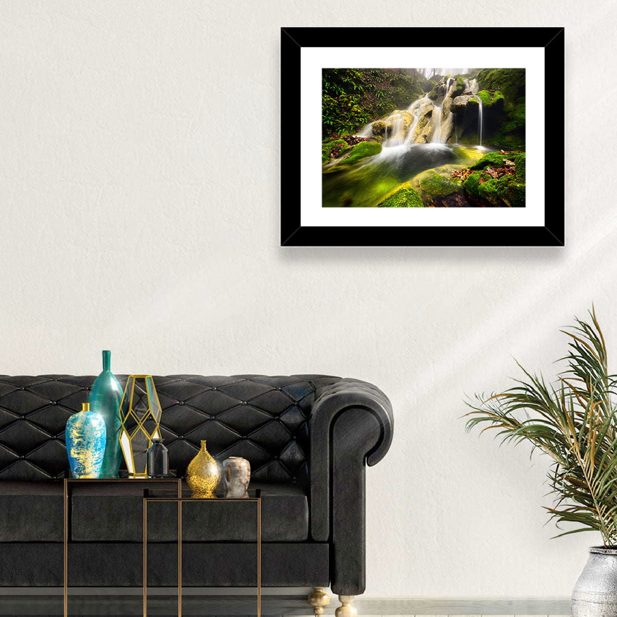 Cheile Nerei Mossy Waterfall Wall Art in a room, landscape