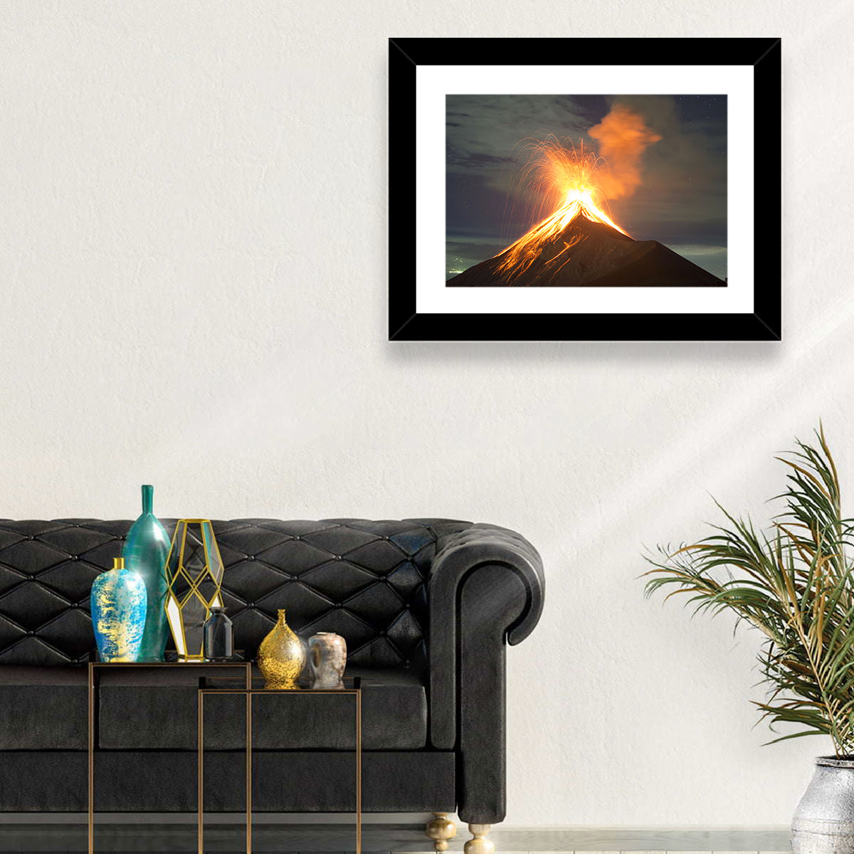 Starry Night Volcano Eruption Wall Art in a room, landscape