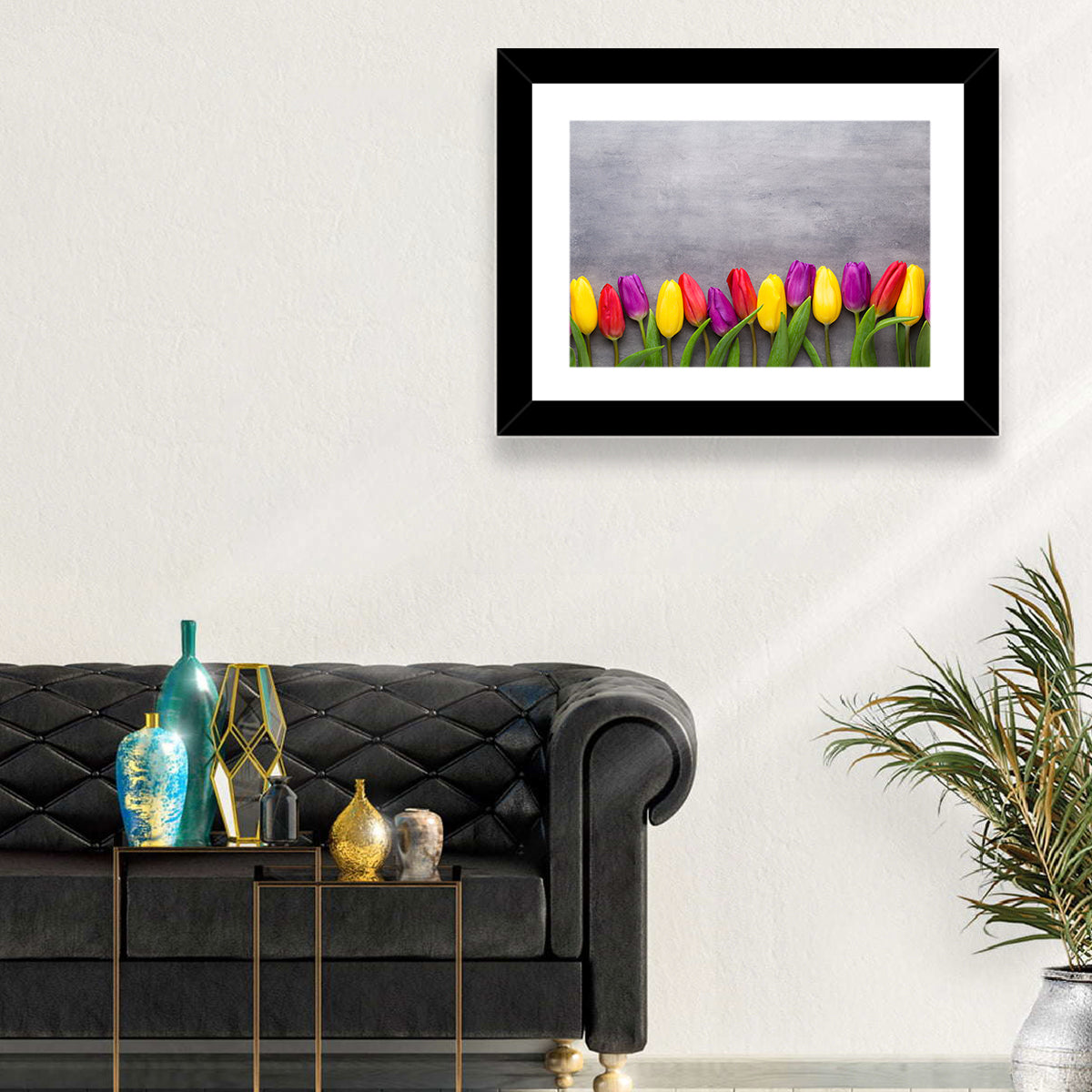 Row of Multicolored Tulips Wall Art in a room, landscape